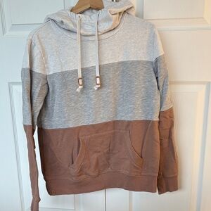 tentree Women’s Colorblock Hoodie in Cream, Gray, and Brown